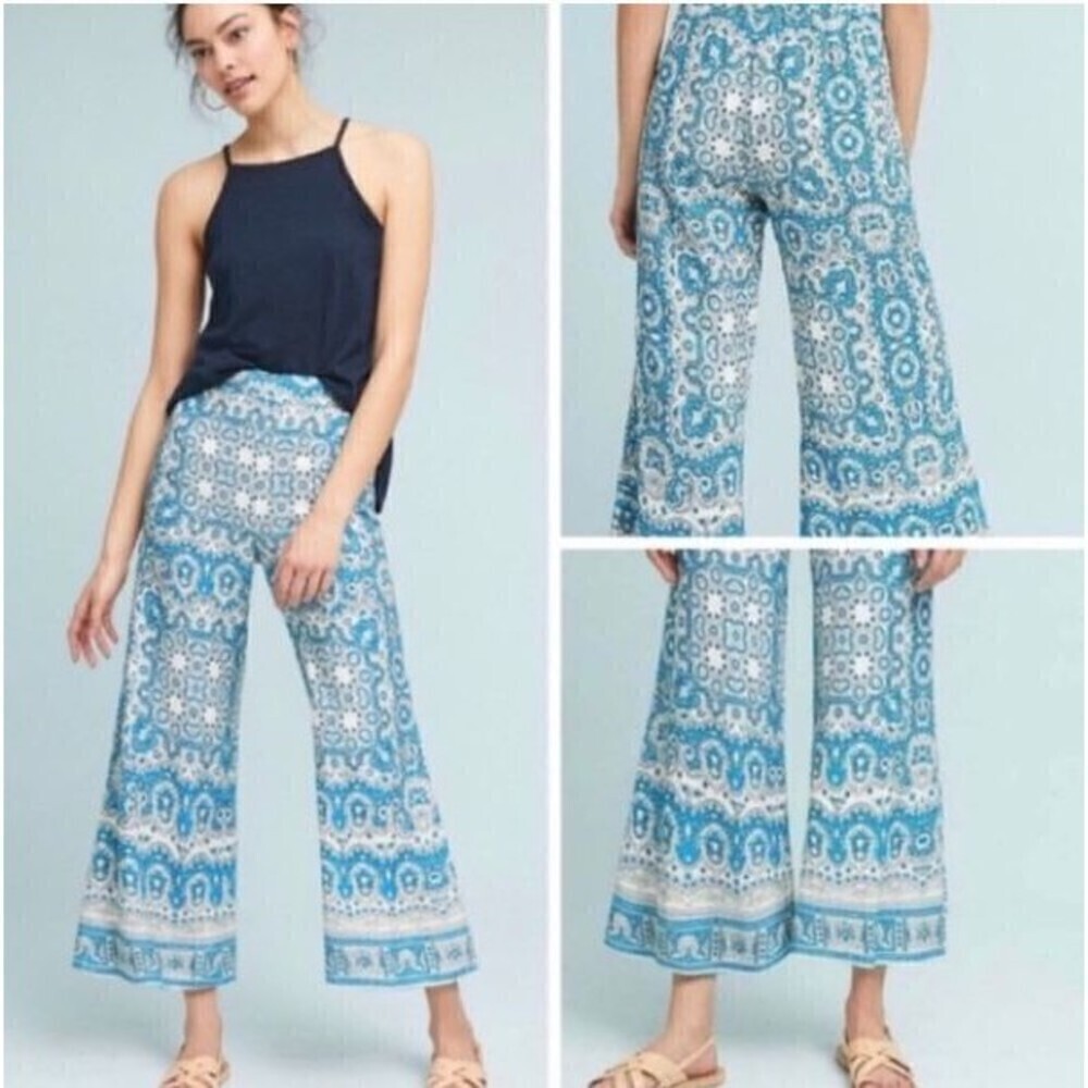 Anthropologie Feather Bone Women's Wide Leg Pants Size 4 Blue Paisley Boho